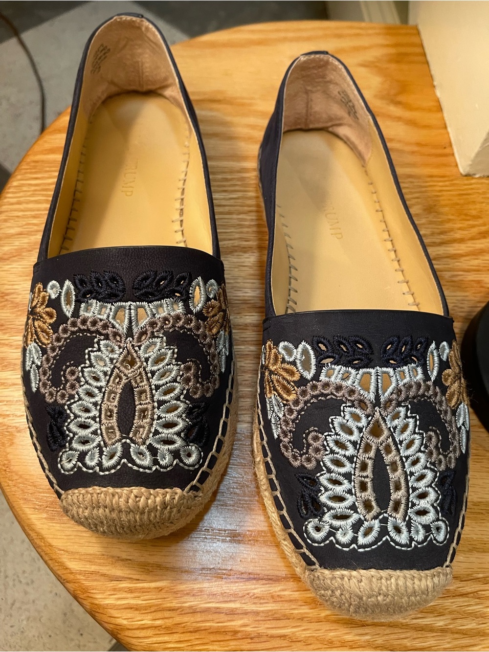 Ivanka Trump Embroidered Navy Espadrille Flats with Lt Blue & Neutral Stitching